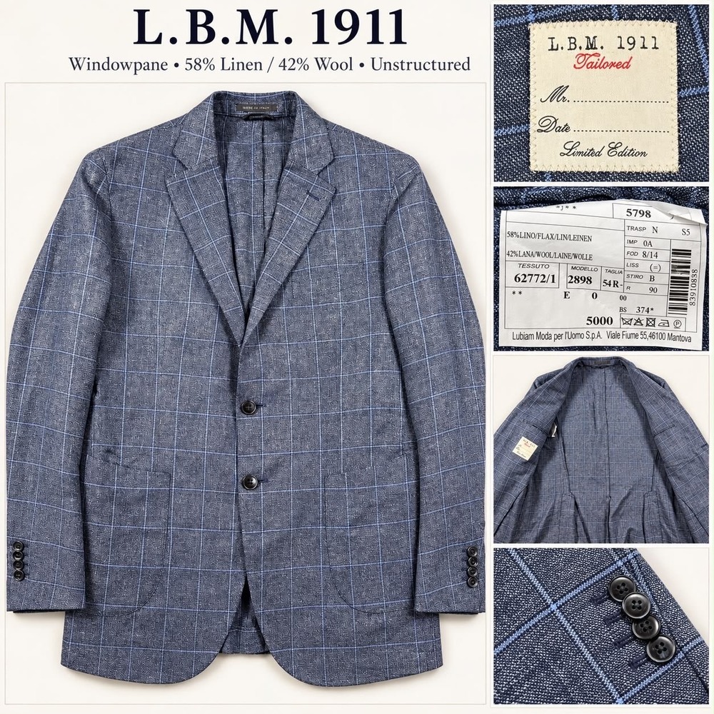 L.B.M. 1911 Limited Edition Sport Coat Men 44 Blue Windowpane Linen Wool Unlined